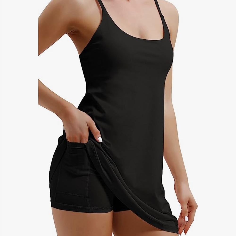 Women’s Black Tennis Exercise Dress with Built-in Bras & Shorts M